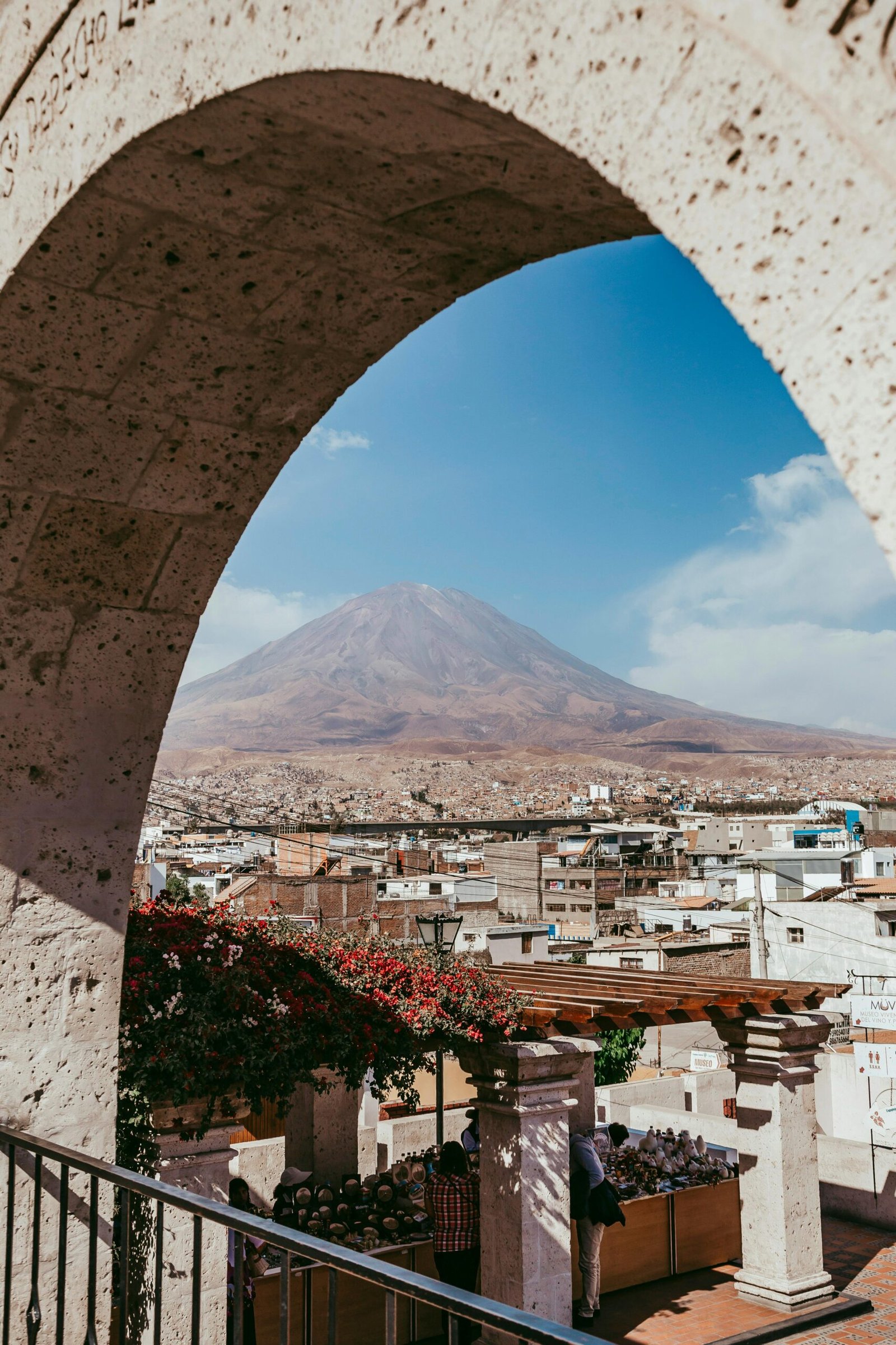 Stunning view of El Misti Volcano seen from the historic arches of Yanahuara, Arequipa, Peru.